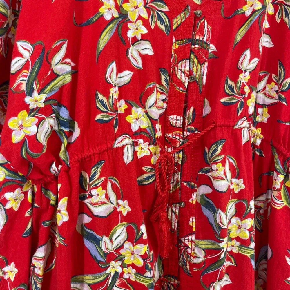 Womens One Size 2X - 3X Red Tropical Floral Kaftan Tunic Top Drawstring Waist OS